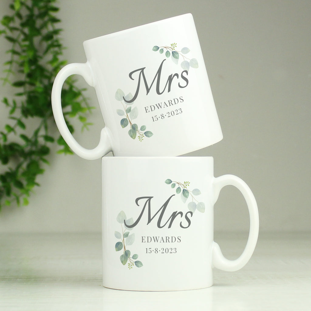 Personalised Botanical Mrs Mug for Wedding