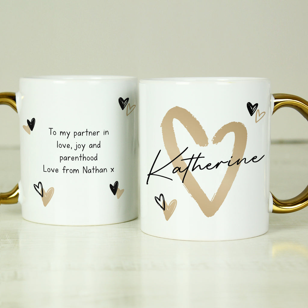 Personalised Hearts Gold Handled Mug for Wedding