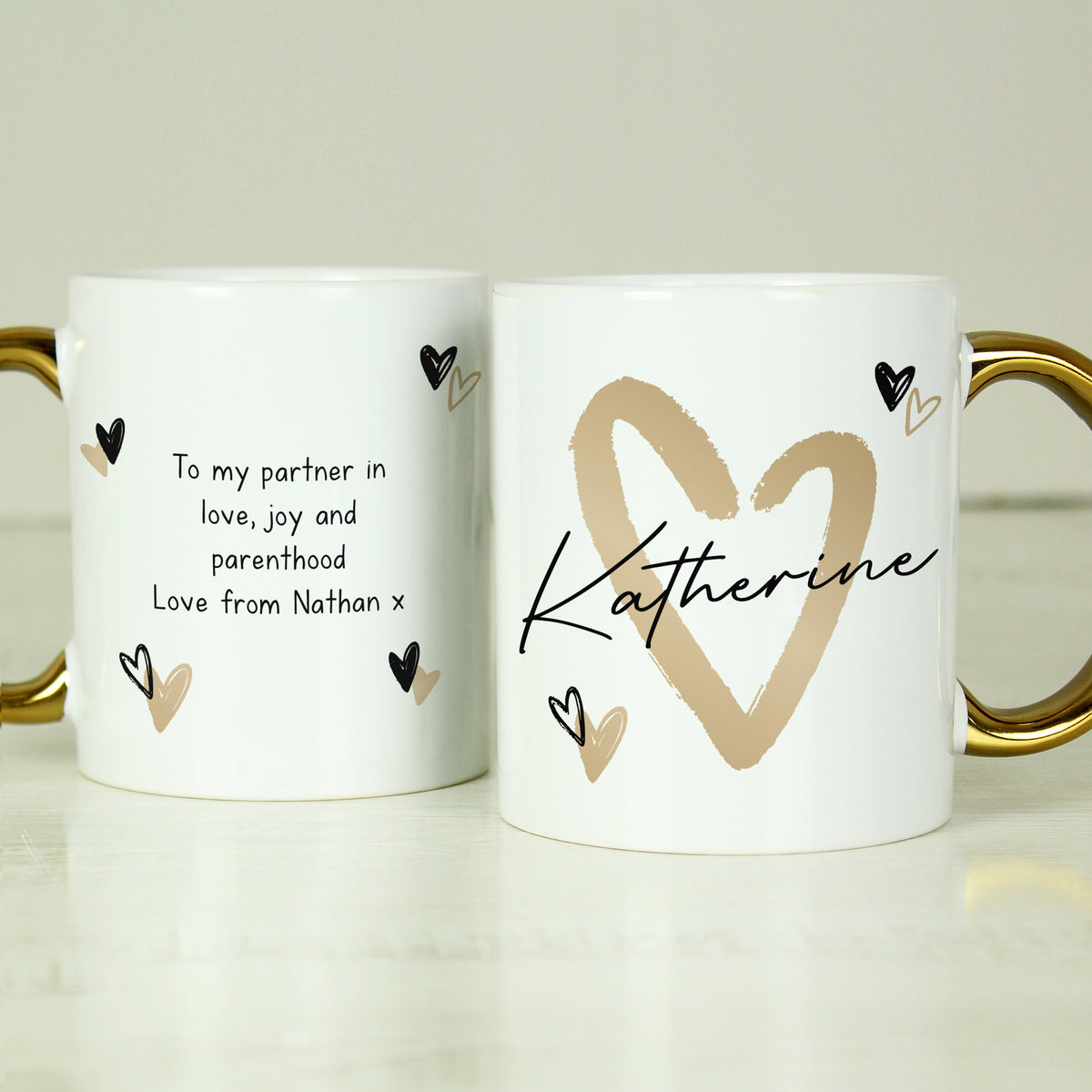 Personalised Hearts Gold Handled Mug for Wedding