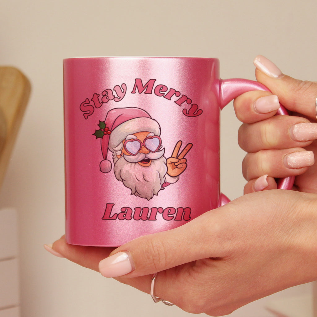 Personalised Stay Merry Santa Pink Mug for Christmas