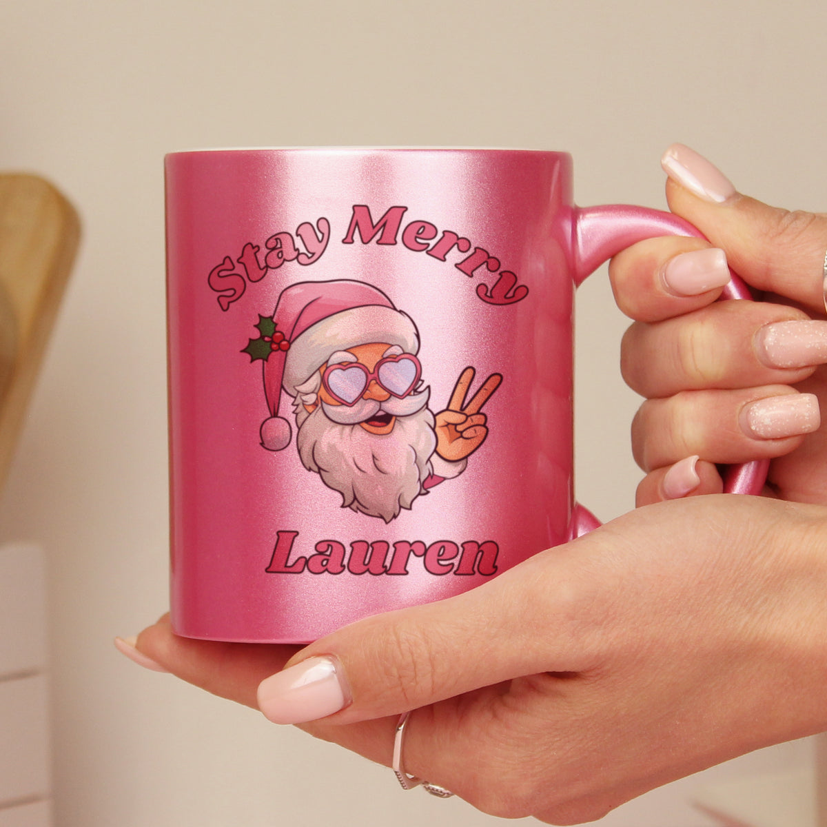 Personalised Stay Merry Santa Pink Mug for Christmas