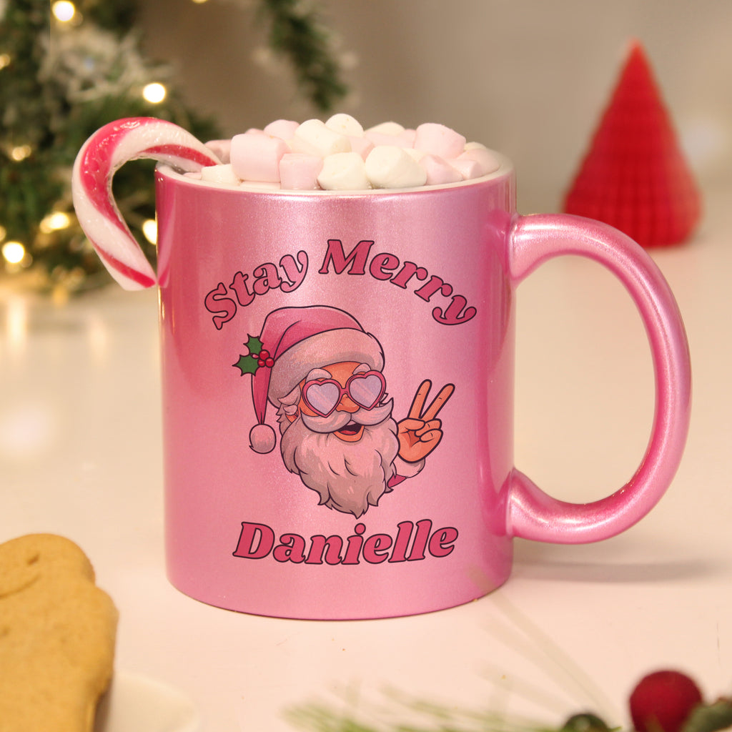 Personalised Stay Merry Santa Pink Mug for Christmas