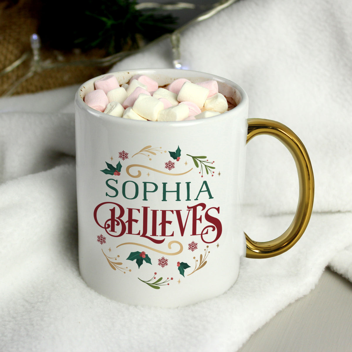 Personalised Believes In Christmas Gold Handled Mug for Christmas
