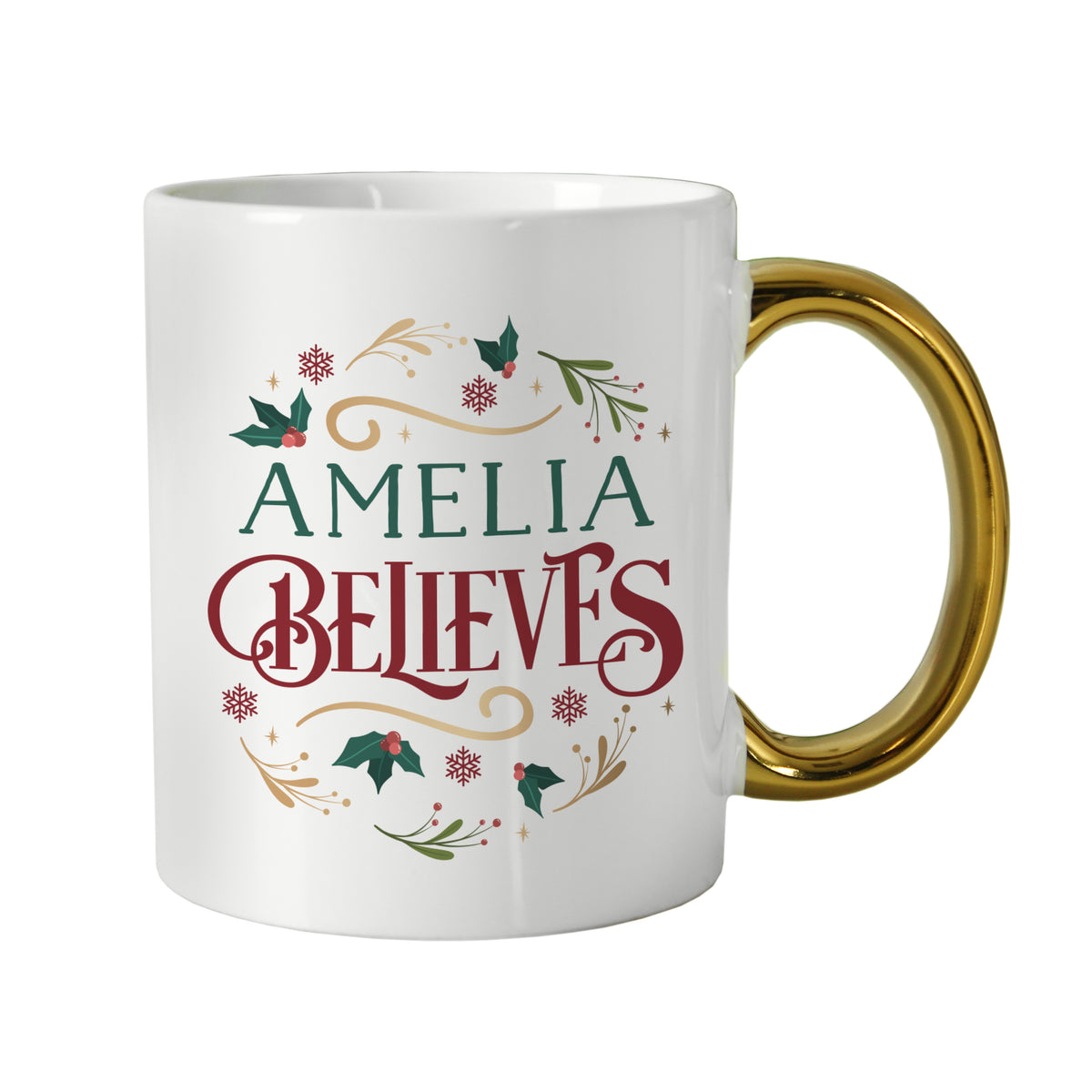 Personalised Believes In Christmas Gold Handled Mug for Christmas