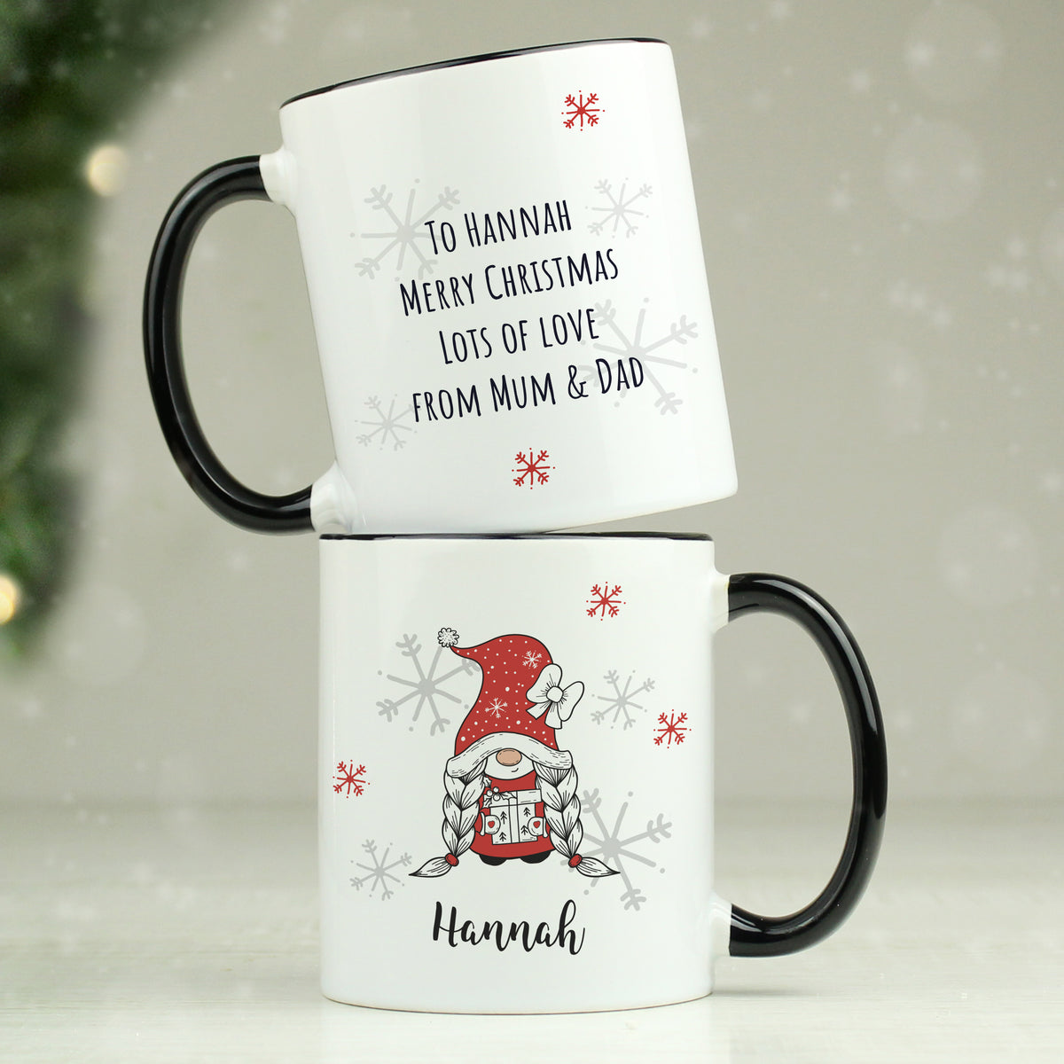 Personalised Gonk Family Black Handled Christmas Mug - Girl | Christmas Gift