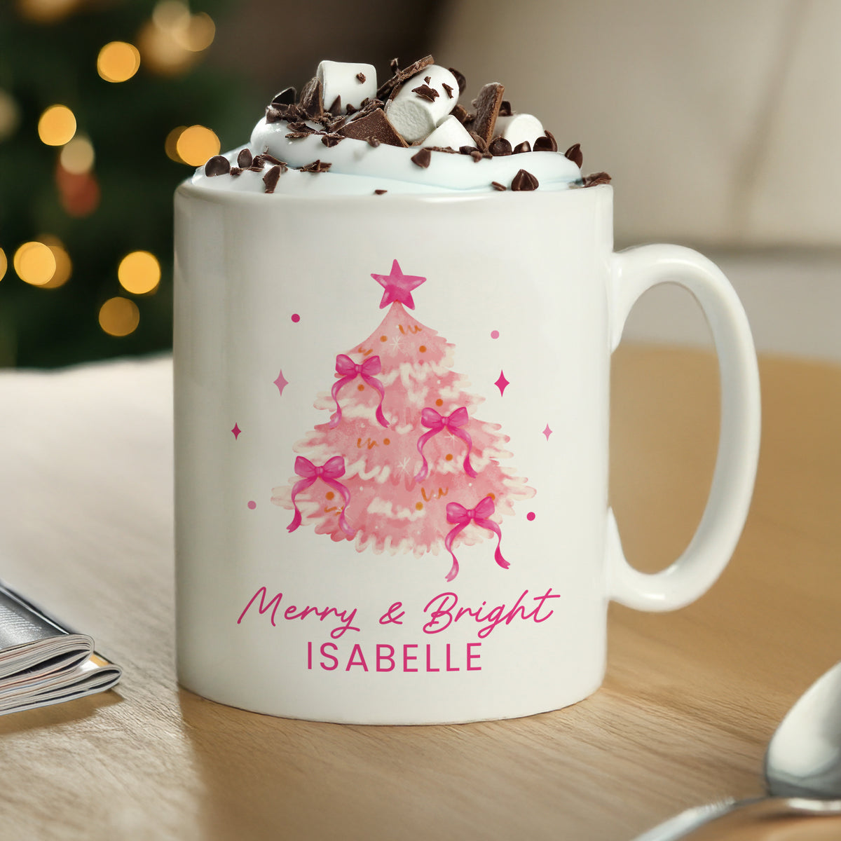 Personalised Pink Christmas Tree Mug for Christmas