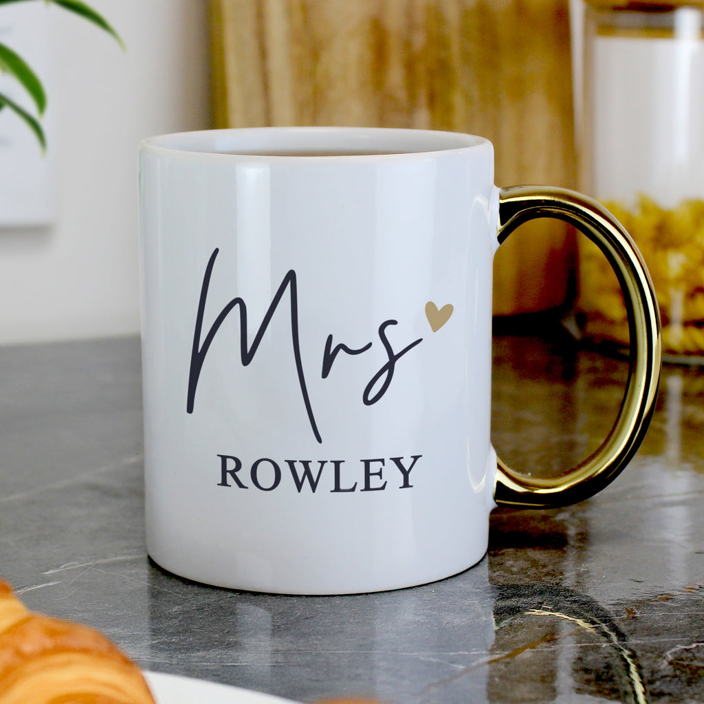 Personalised Mrs Gold Handle Mug | Wedding Gift