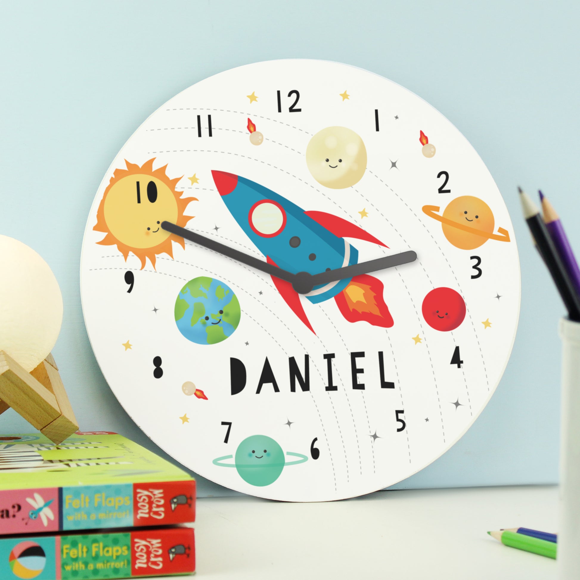 Personalised Rocket in Space Large Wooden Clock - Inspired Creative Gifts