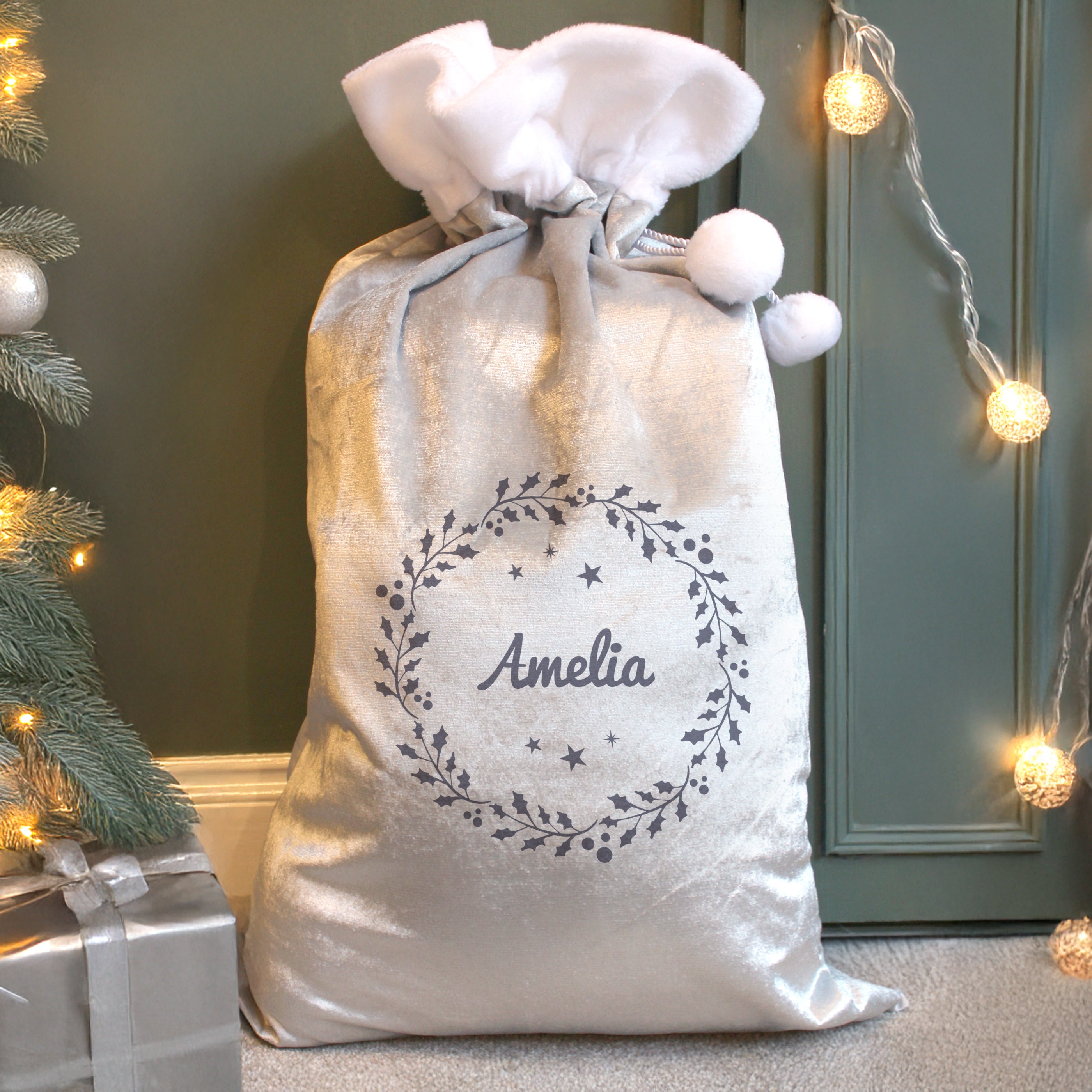 Personalised Holly Grey Christmas Sack |  | Inspired Creative Gifts