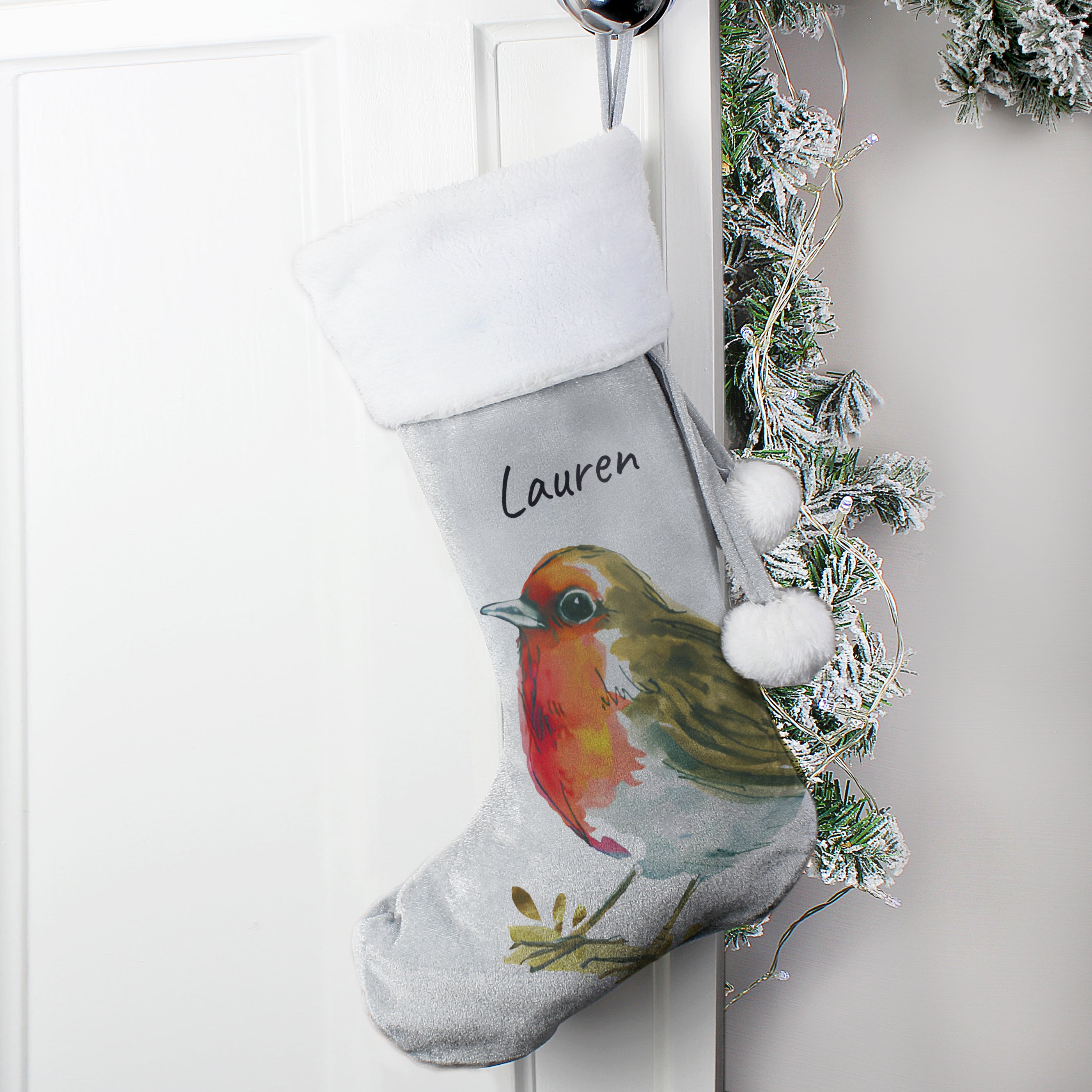 Personalised Robin Silver Grey Stocking |  | Inspired Creative Gifts