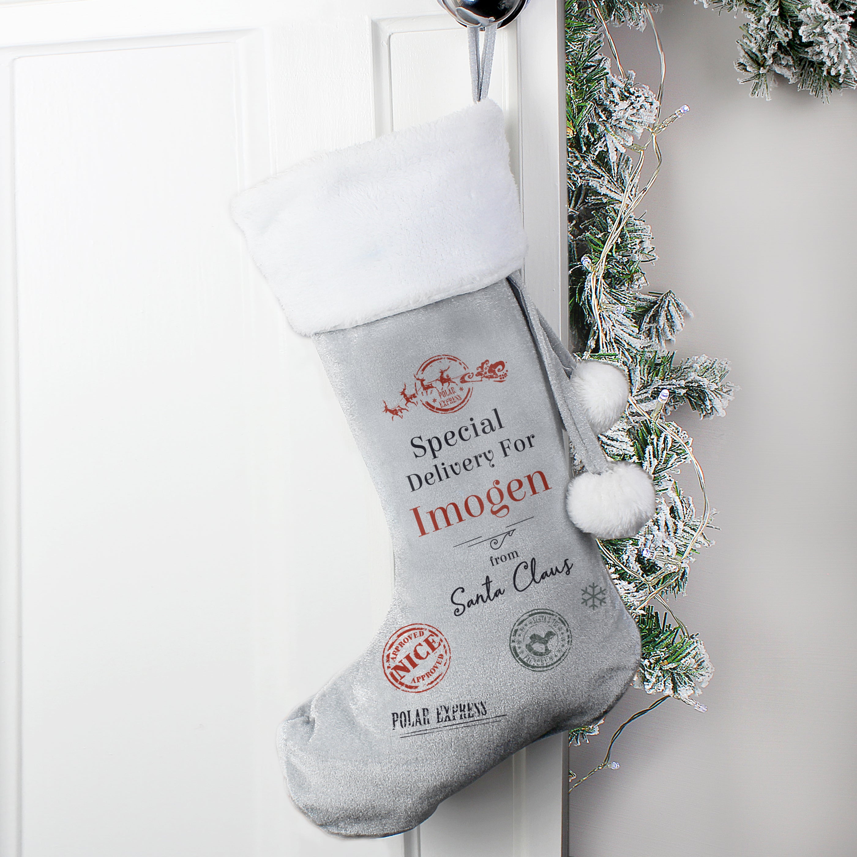 Personalised Special Delivery Silver Grey Stocking |  | Inspired Creative Gifts