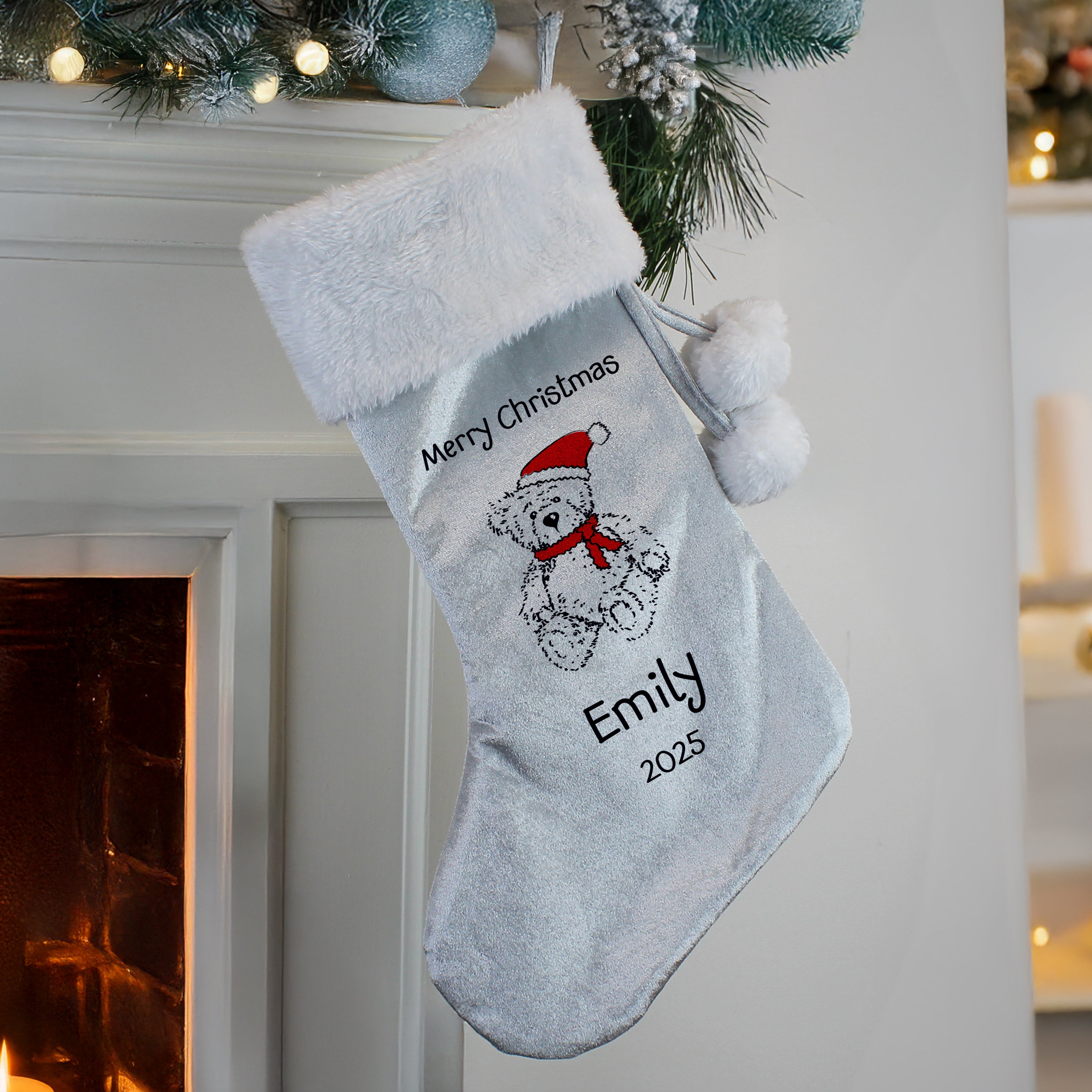 Personalised Christmas Teddy Silver Grey Stocking |  | Inspired Creative Gifts