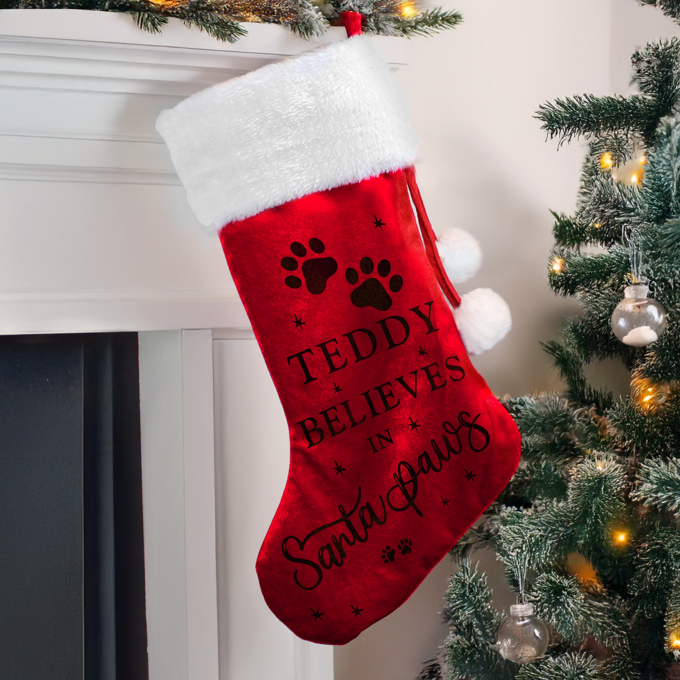 Personalised Santa Paws Christmas Red Stocking |  | Inspired Creative Gifts