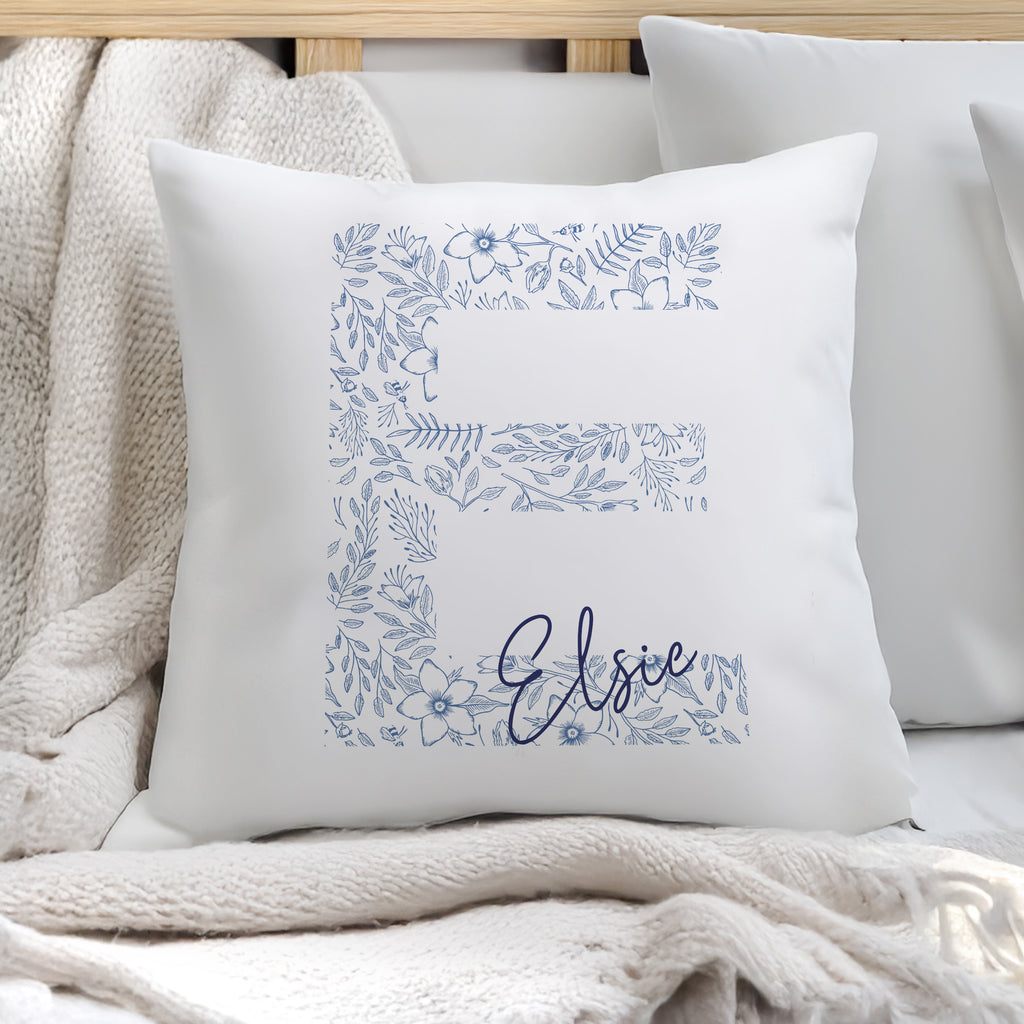 Personalised Floral Blue Initial Cushion | Textiles