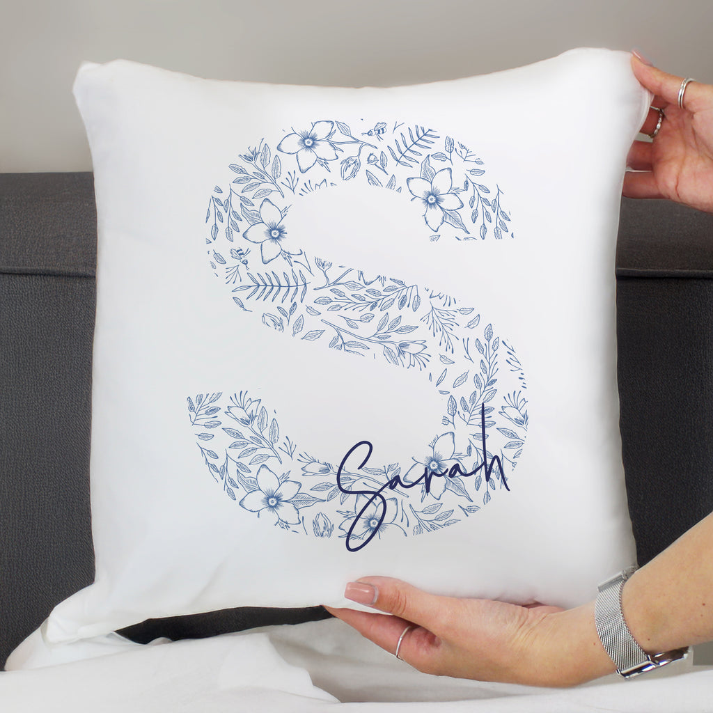 Personalised Floral Blue Initial Cushion | Textiles