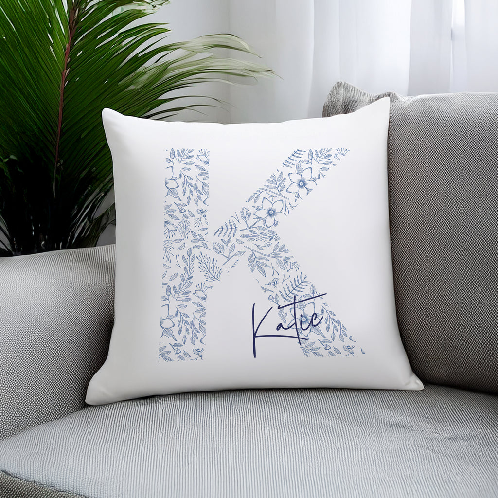 Personalised Floral Blue Initial Cushion | Textiles