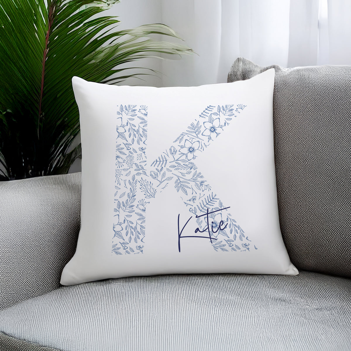 Personalised Floral Blue Initial Cushion | Textiles