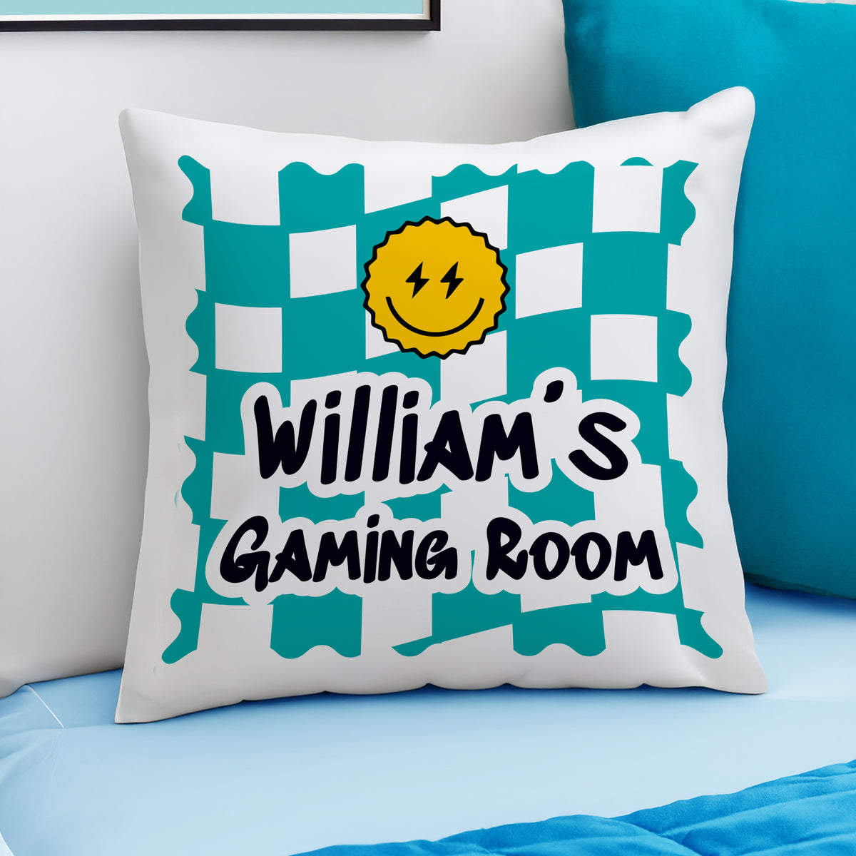 Personalised Blue Check Childrens Bedroom Cushion | Textiles | Inspired Creative Gifts