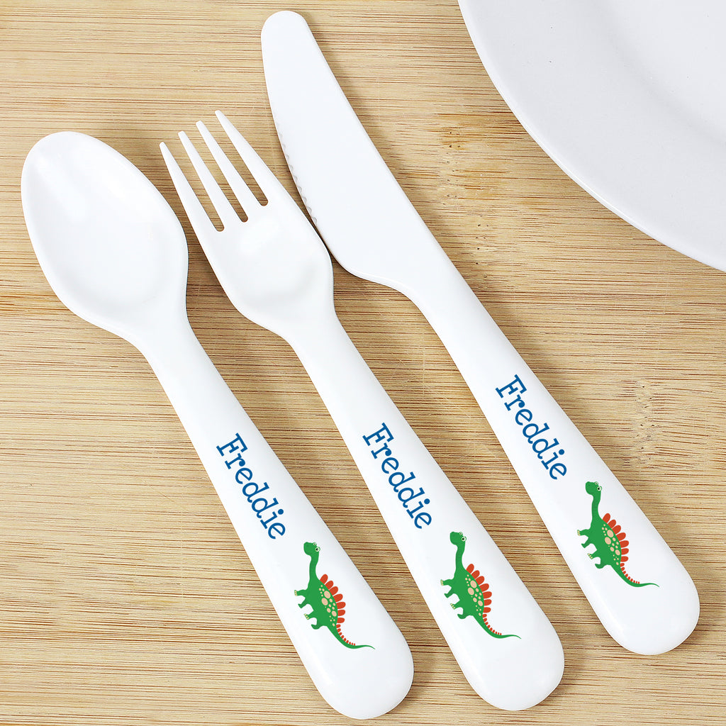 Personalised Dinosaur 3 Piece Plastic Cutlery Set | Mealtime Essentials | Inspired Creative Gifts