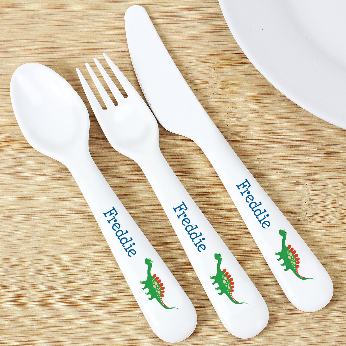 Personalised Dinosaur 3 Piece Plastic Cutlery Set | Mealtime Essentials | Inspired Creative Gifts
