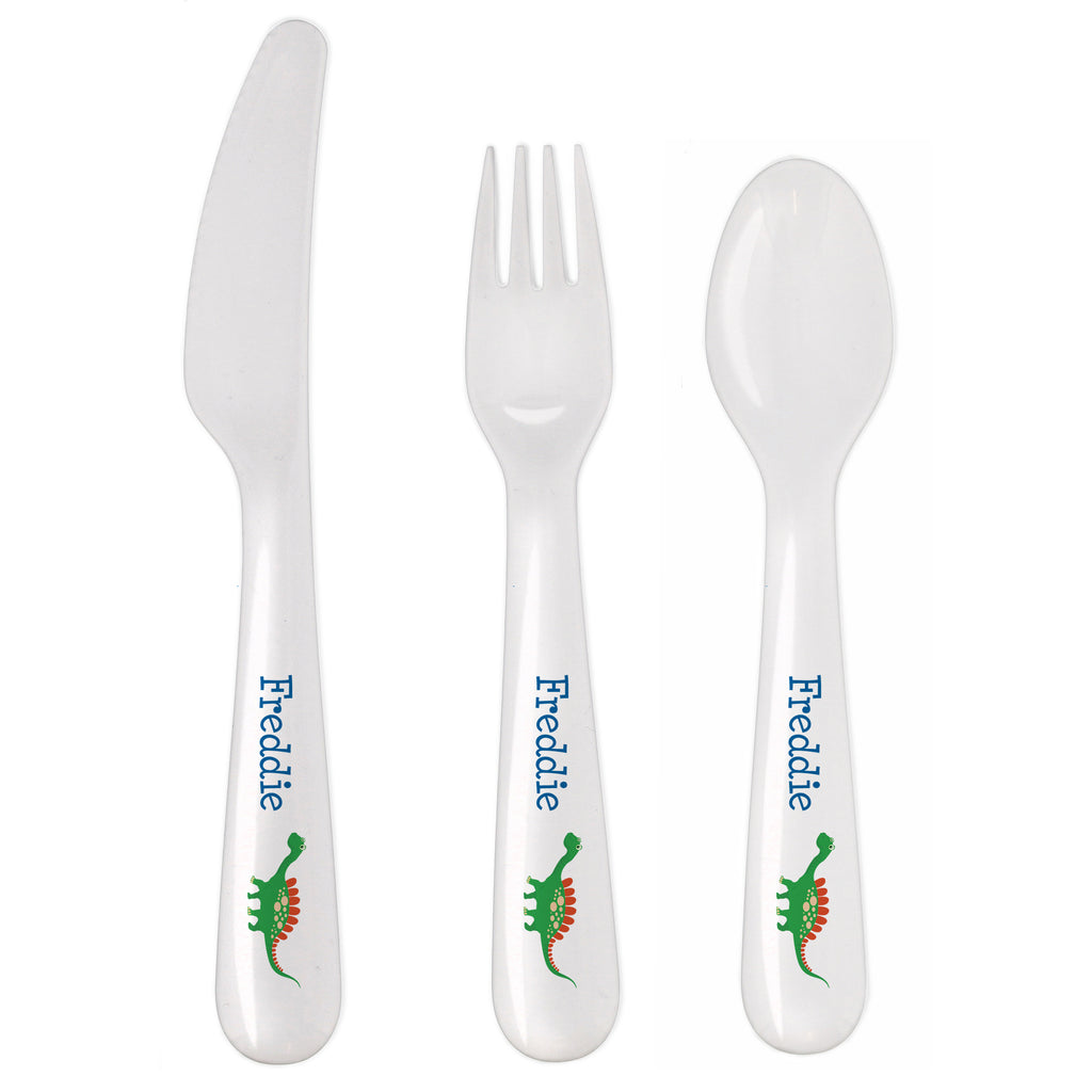 Personalised Dinosaur 3 Piece Plastic Cutlery Set | Mealtime Essentials | Inspired Creative Gifts
