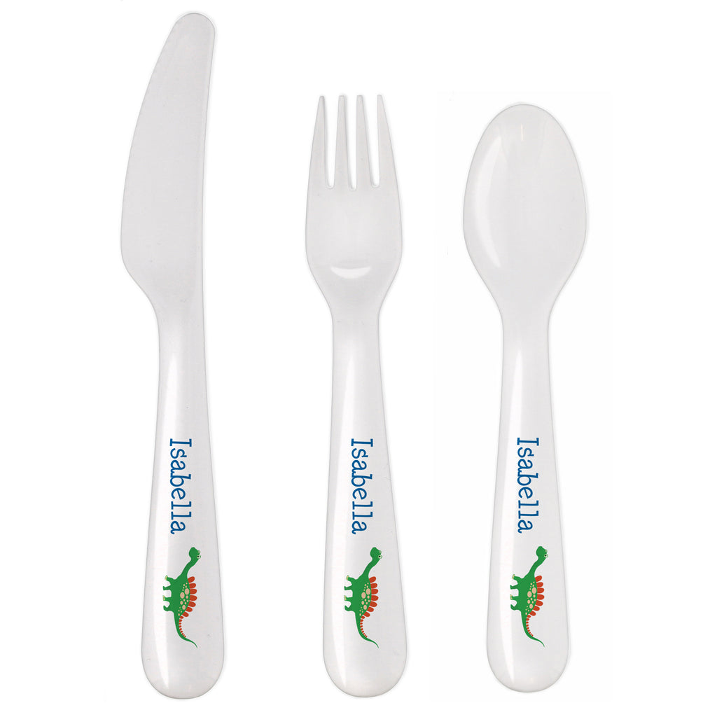 Personalised Dinosaur 3 Piece Plastic Cutlery Set | Mealtime Essentials | Inspired Creative Gifts