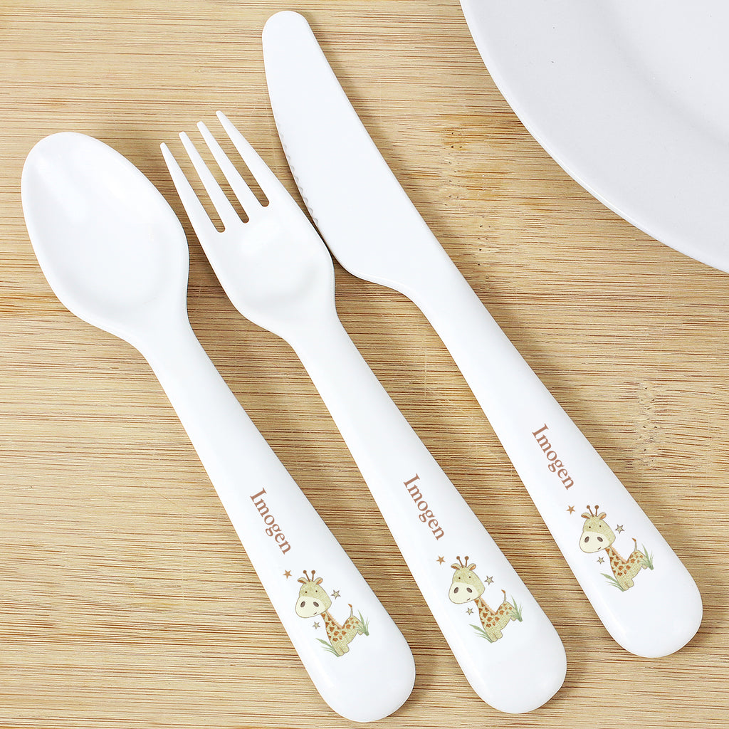 Personalised Hessian Giraffe 3 Piece Plastic Cutlery Set | Mealtime Essentials | Inspired Creative Gifts