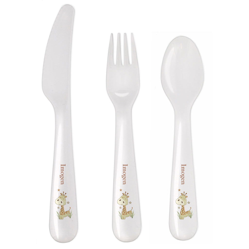Personalised Hessian Giraffe 3 Piece Plastic Cutlery Set | Mealtime Essentials | Inspired Creative Gifts