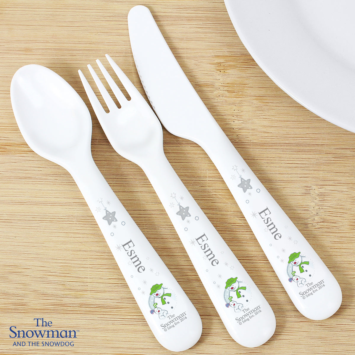 Personalised The Snowman and the Snowdog 3 Piece Plastic Cutlery Set for Christening