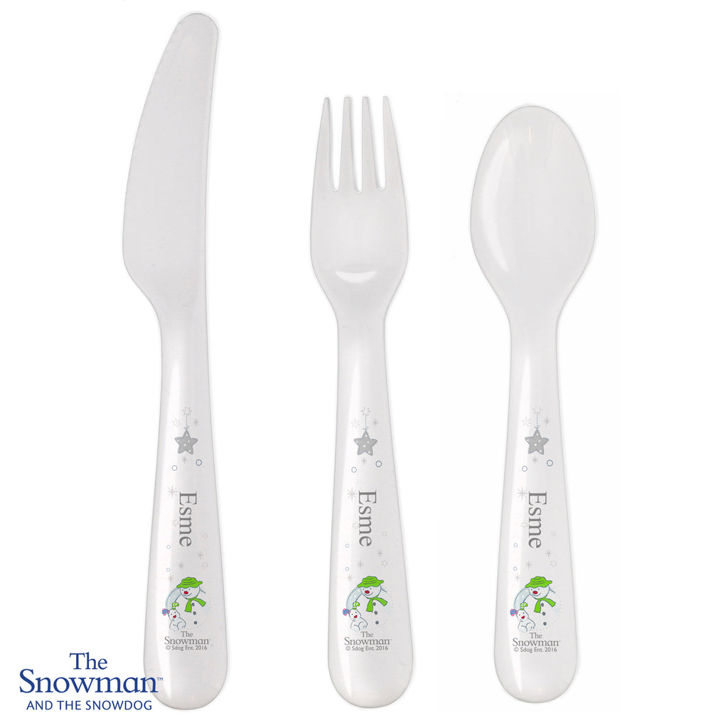 Personalised The Snowman and the Snowdog 3 Piece Plastic Cutlery Set for Christening