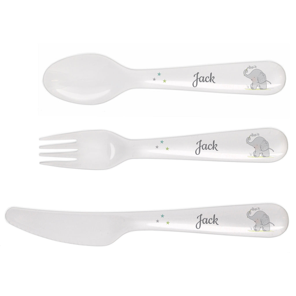 Personalised Hessian Elephant 3 Piece Plastic Cutlery Set | Mealtime Essentials