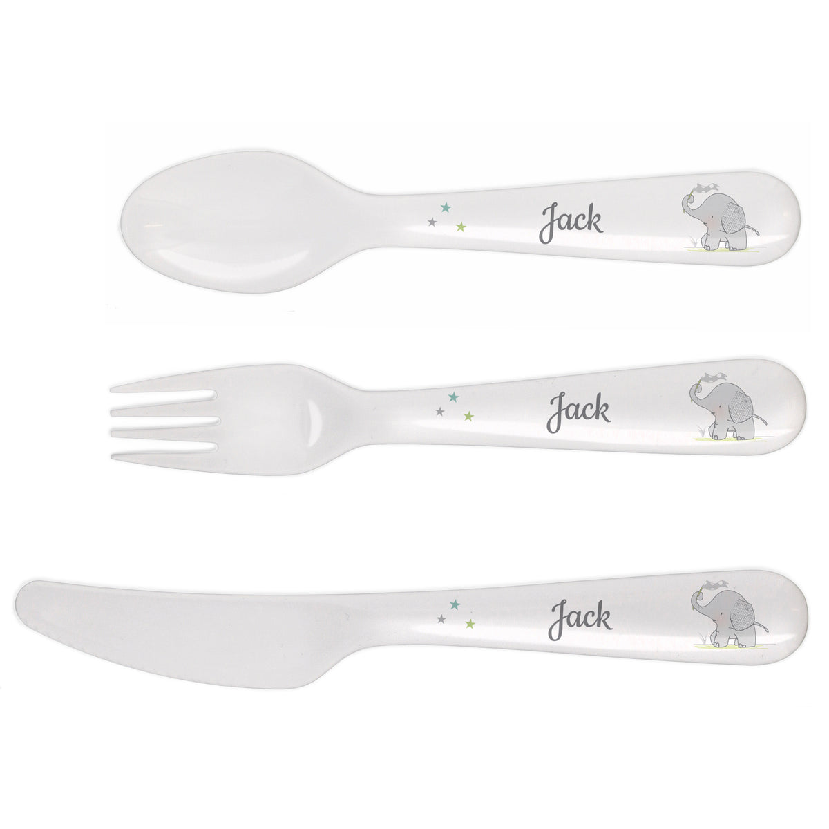 Personalised Hessian Elephant 3 Piece Plastic Cutlery Set | Mealtime Essentials