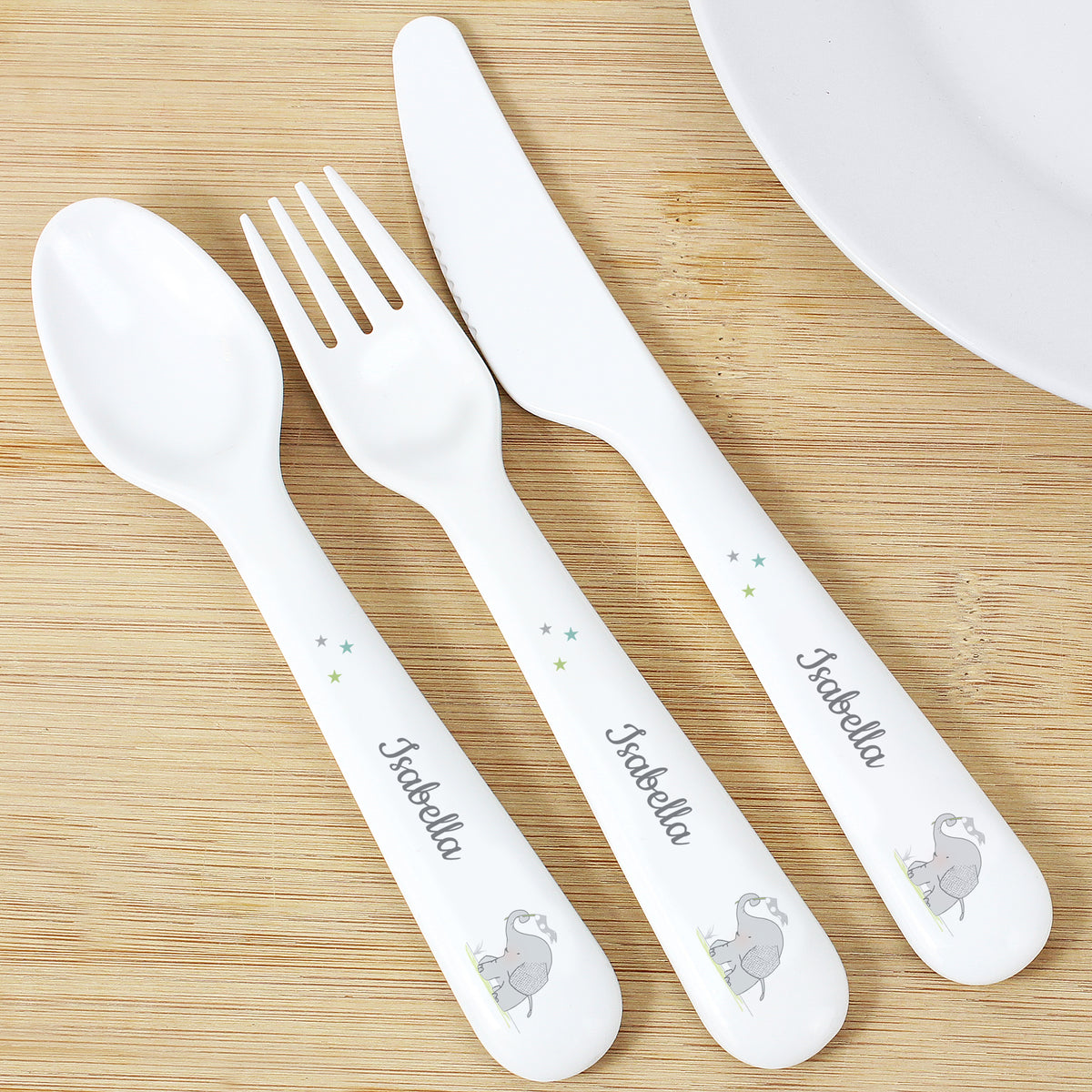 Personalised Hessian Elephant 3 Piece Plastic Cutlery Set | Mealtime Essentials