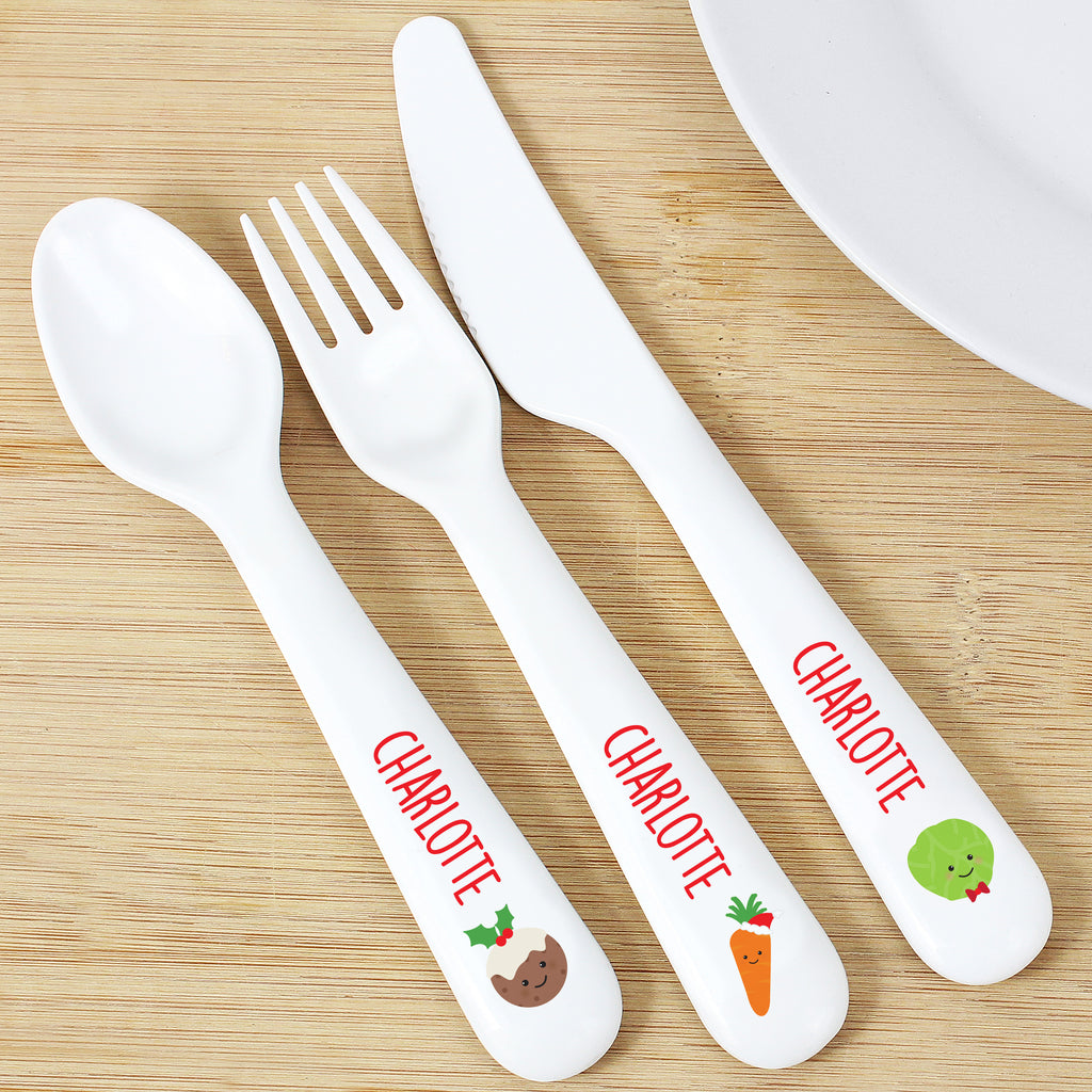 Personalised 'First Christmas Dinner' 3 Piece Plastic Cutlery Set | Kitchen, Baking & Dining Gifts | Christmas Gift