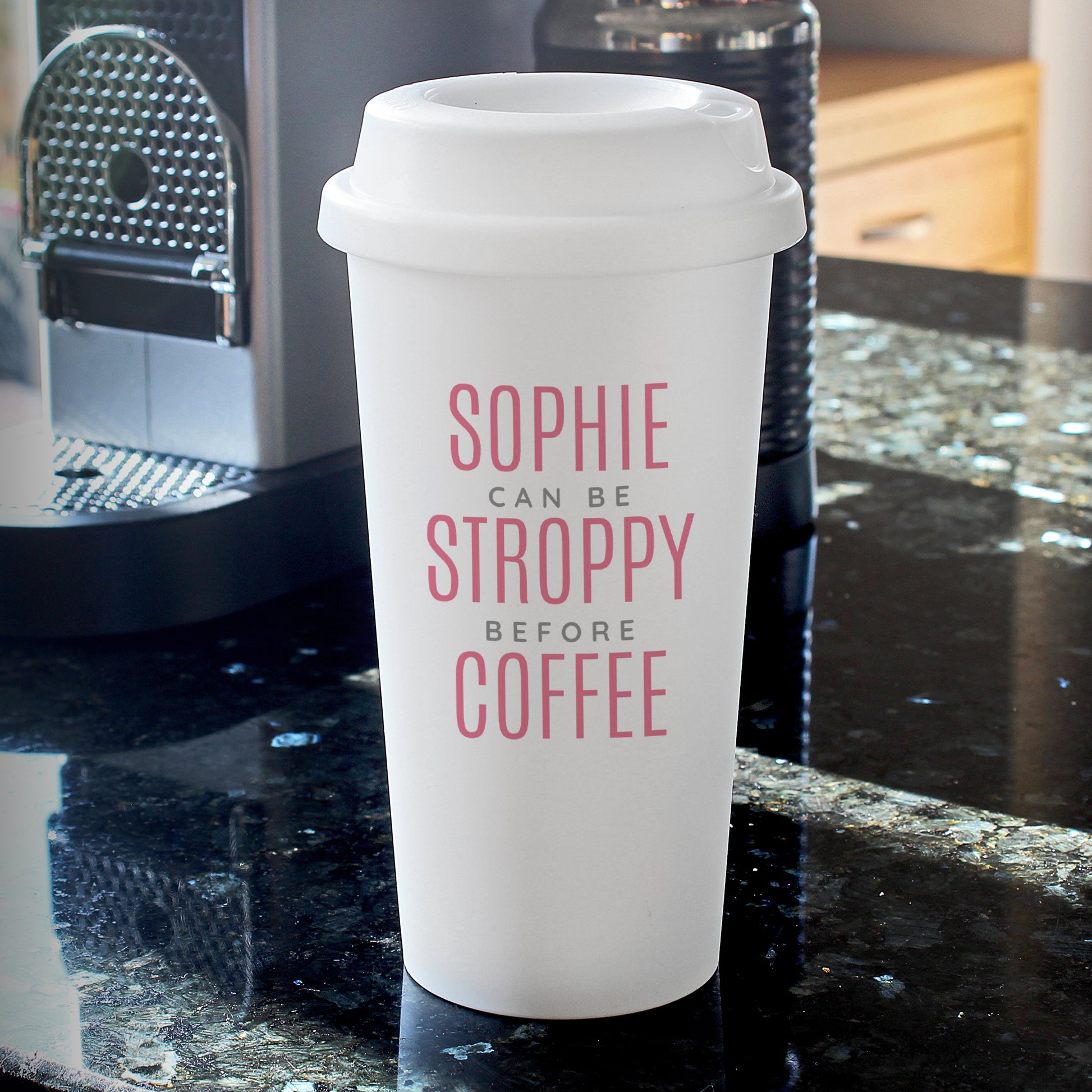 Personalised Pink Text Slogan Insulated Reusable Eco Travel Cup - Inspired Creative Gifts