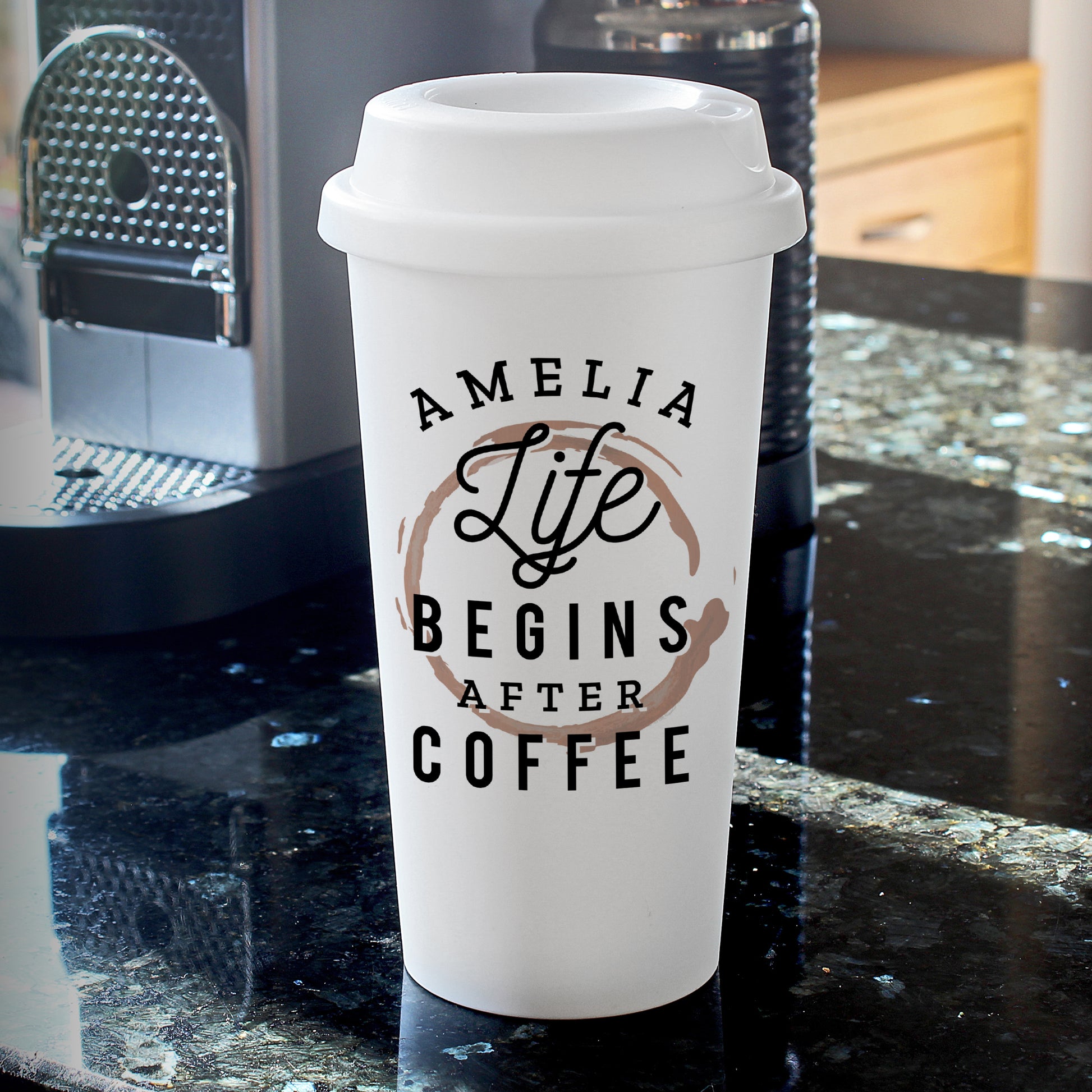 Personalised 'Life Begins After Coffee' Insulated Reusable Eco Travel Cup - Inspired Creative Gifts