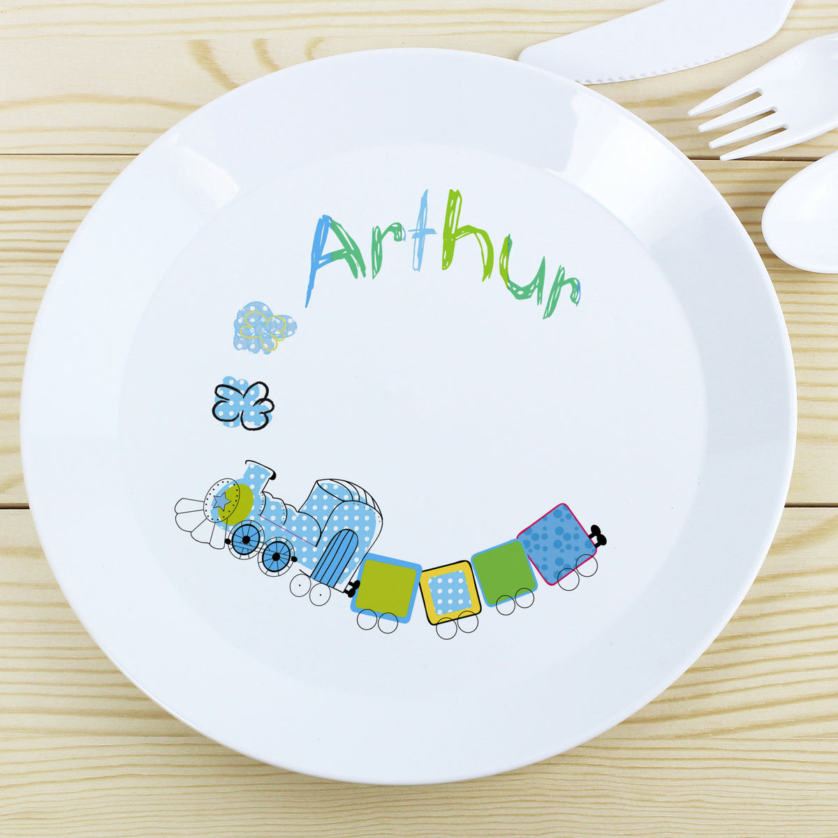 Personalised Patchwork Train Plastic Plate for Christmas