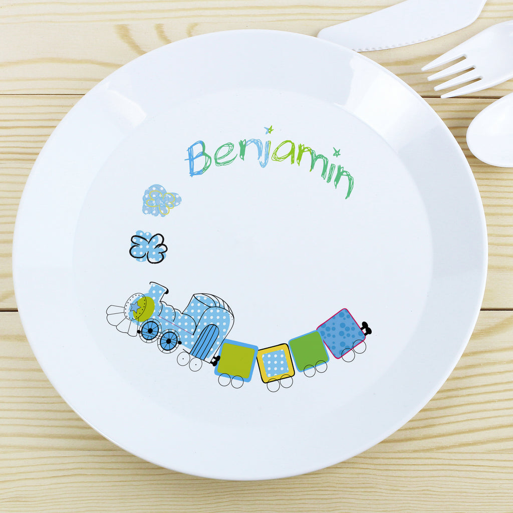 Personalised Patchwork Train Plastic Plate for Christmas