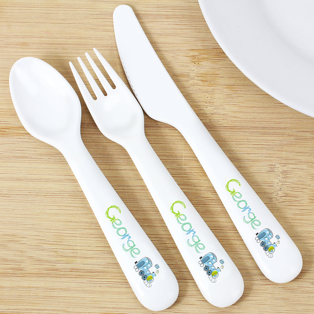 Personalised Patchwork Train 3 Piece Plastic Cutlery Set | Mealtime Essentials | Christening Gift