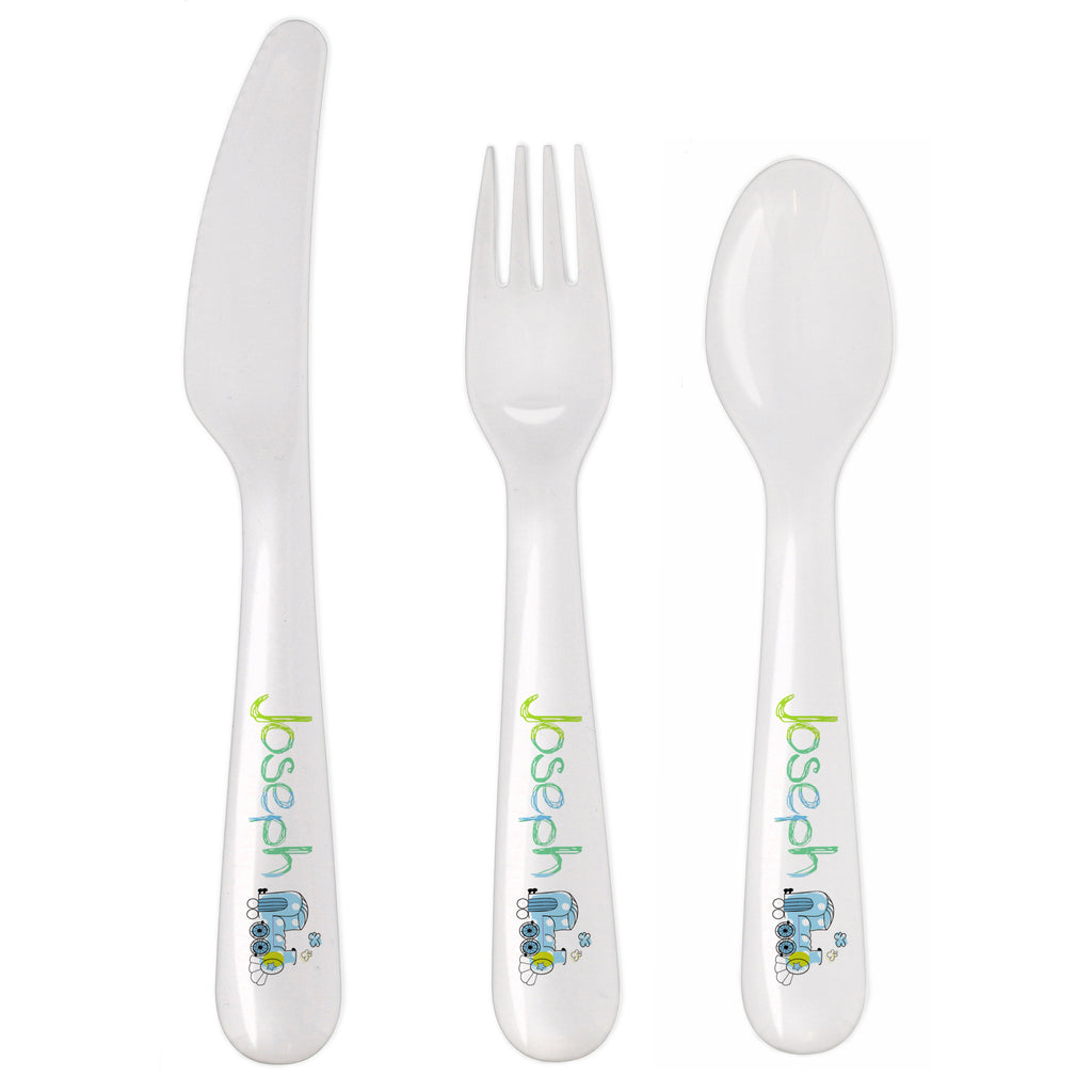 Personalised Patchwork Train 3 Piece Plastic Cutlery Set | Mealtime Essentials | Christening Gift