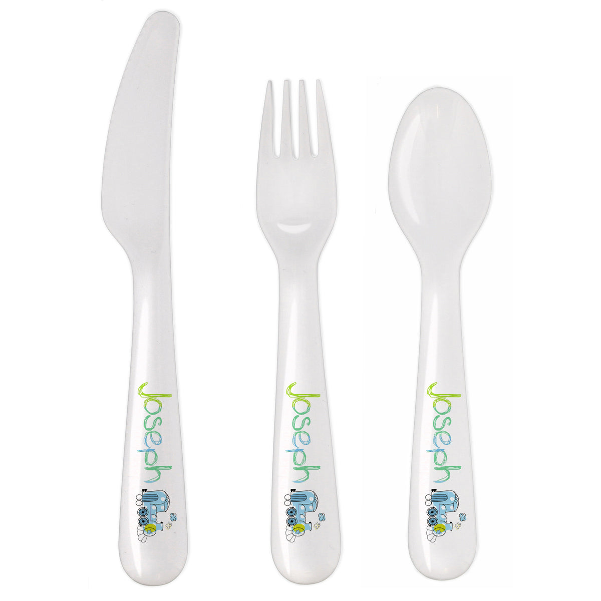 Personalised Patchwork Train 3 Piece Plastic Cutlery Set | Mealtime Essentials | Christening Gift