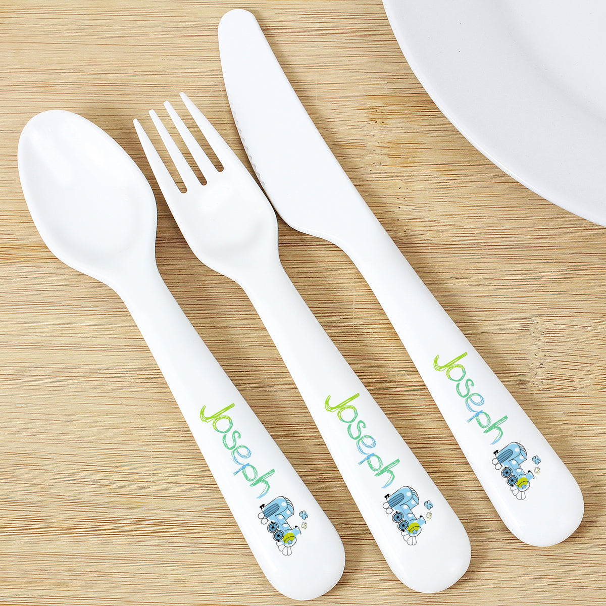 Personalised Patchwork Train 3 Piece Plastic Cutlery Set | Mealtime Essentials | Christening Gift
