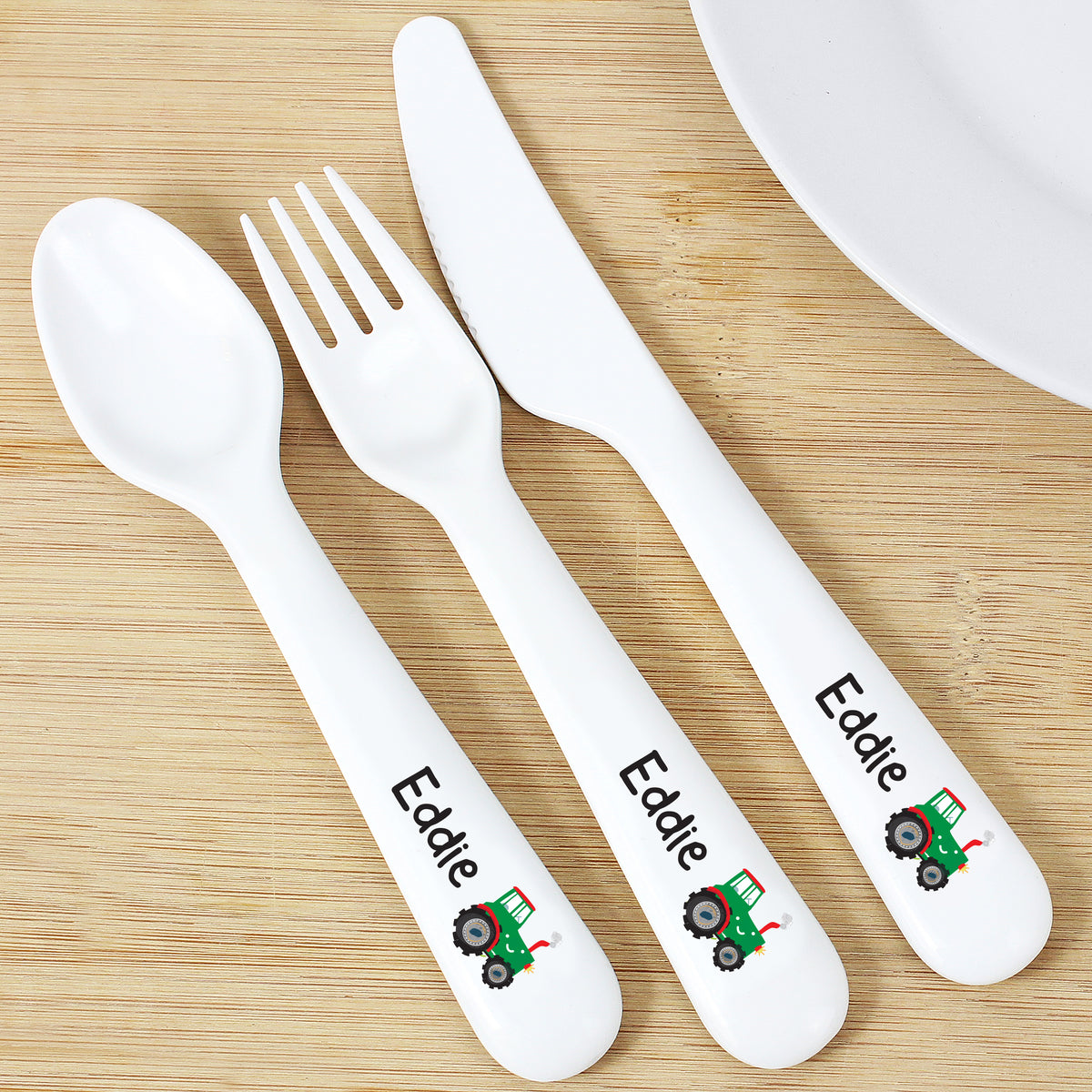 Personalised Tractor 3 Piece Plastic Cutlery Set | Mealtime Essentials | Christening Gift