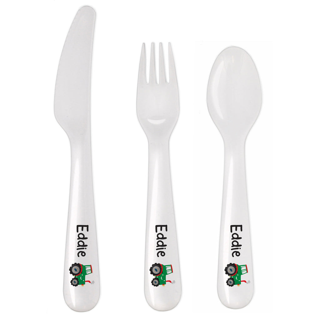 Personalised Tractor 3 Piece Plastic Cutlery Set | Mealtime Essentials | Christening Gift