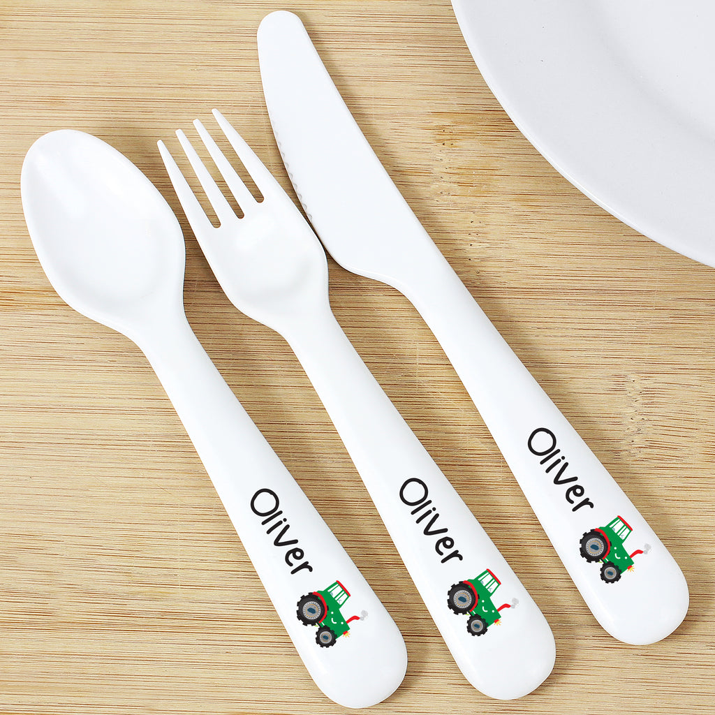 Personalised Tractor 3 Piece Plastic Cutlery Set | Mealtime Essentials | Christening Gift
