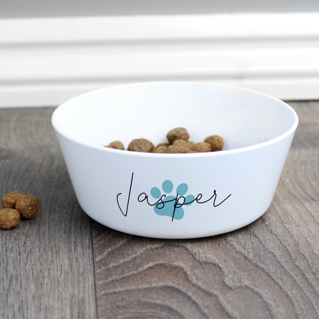 Personalised Blue Pawprint Plastic Cat Bowl | Christmas Gift