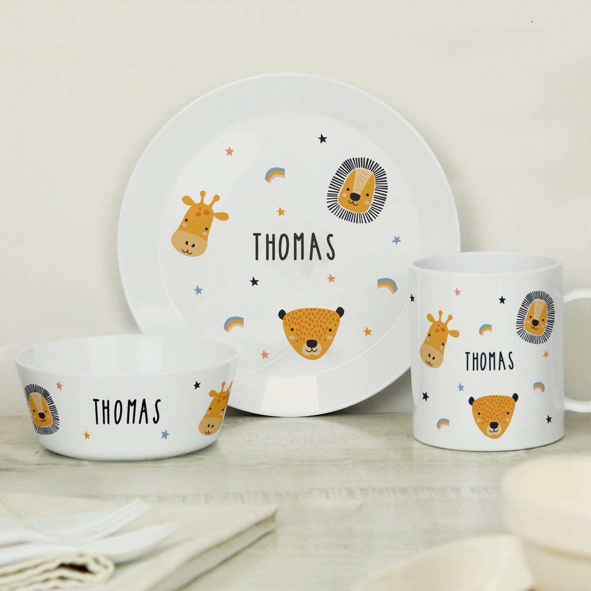 Personalised Safari Animals Plastic Childrens Breakfast Set | Mealtime Essentials