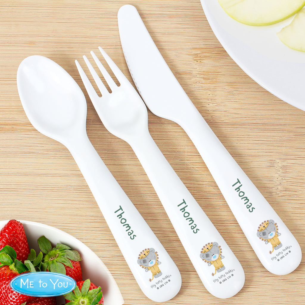 Personalised Tiny Tatty Teddy Jungle Animals Plastic 3 Piece Cutlery Set | Mealtime Essentials | Christening Gift