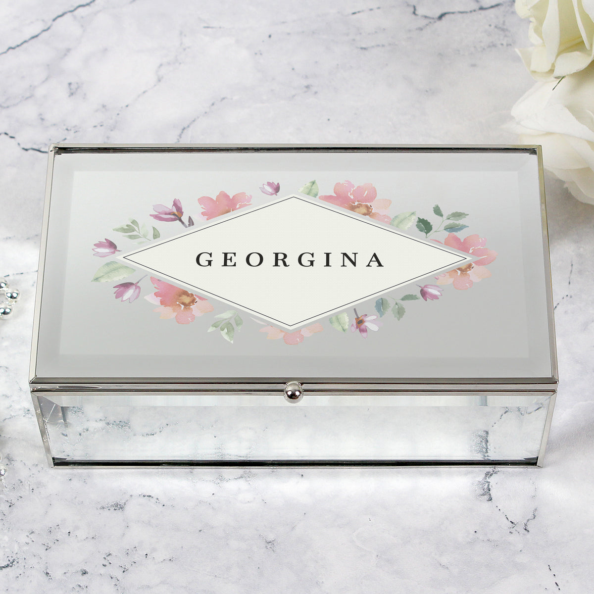 Personalised Floral Watercolour Mirrored Jewellery Box | Gift for Her