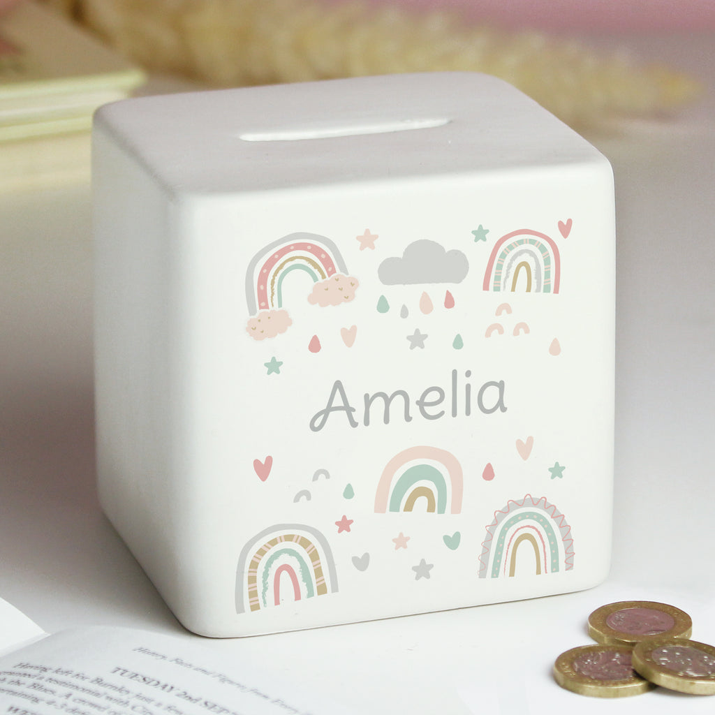 Personalised Rainbow Ceramic Square Money Box | Money Boxes | New Baby Gift